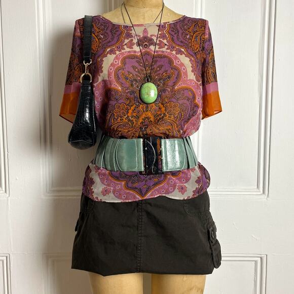 Inc bohochic sheer flowy short sleeve top with paisley purple/orange design - Picture 2 of 8